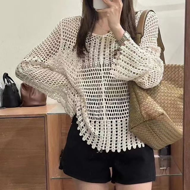Everose-Long-Sleeve Crew Neck Crochet Lace Top