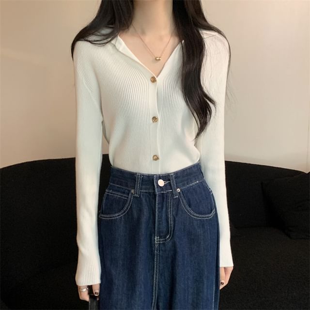Sisyphi-Collared Button-Up Plain Cardigan