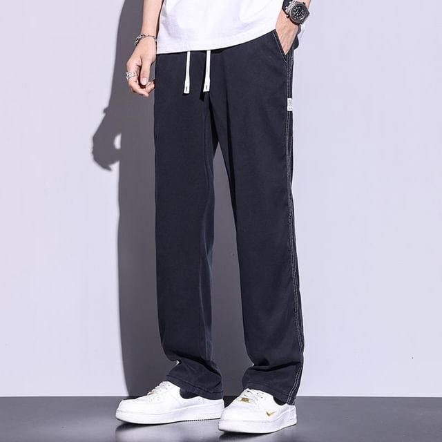 Denimic-Drawstring Waist Washed Straight Leg Jeans