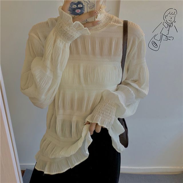Everose-Long-Sleeve Mock-Neck Lace Top