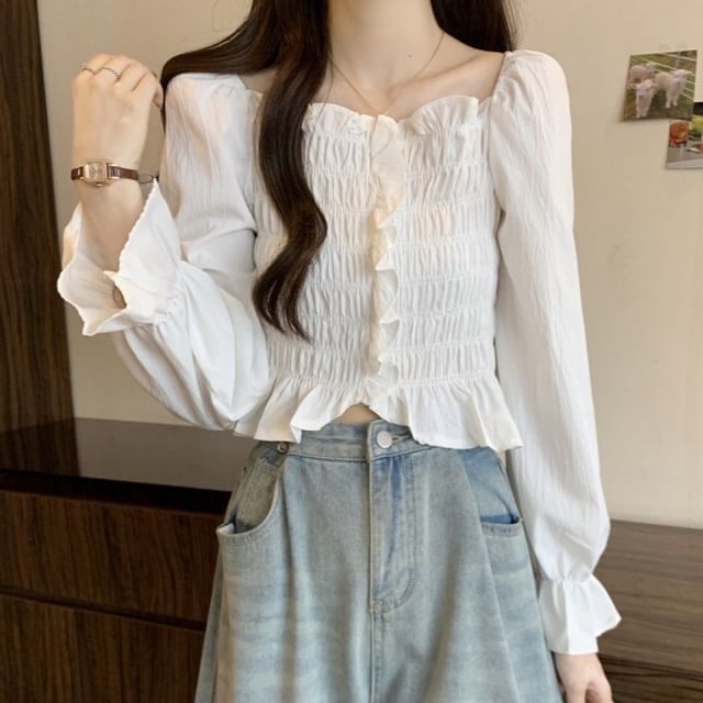 Sisyphi-Long-Sleeve Square Neck Smocked Plain Crop Top