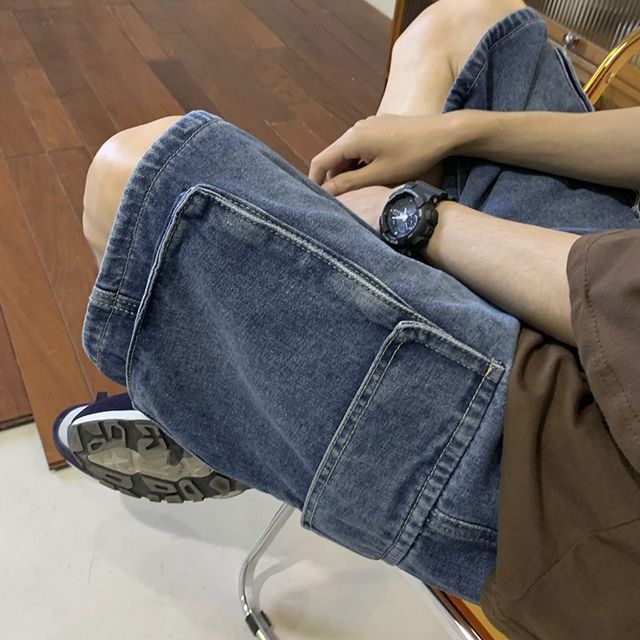 DuckleBeam-Mid Rise Washed Denim Cargo Shorts