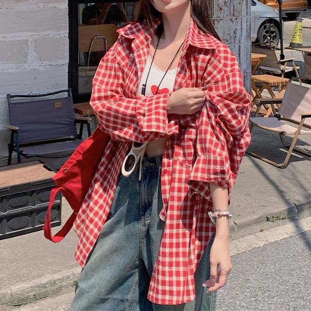 Trendycas-Collared Plaid Button Up Oversized Shirt