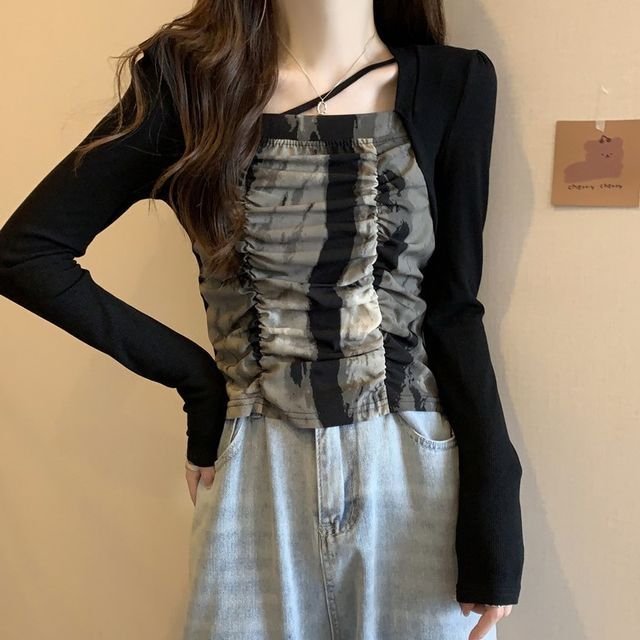 Mock Two-Piece Long-Sleeve Asymmetrical Printed Shirred T-Shirt