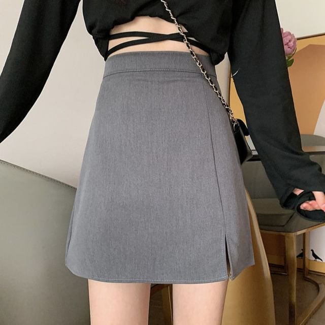 Sisyphi-High Rise Plain Slit Mini A-Line Skirt