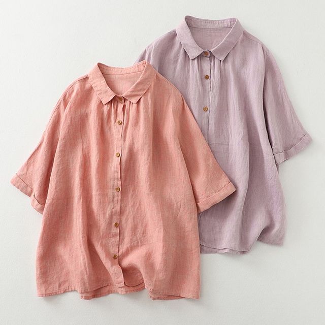 PANDAGO-Short-Sleeve Collared Plain Shirt