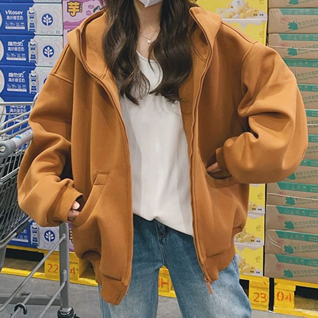Amyway-Plain Zip-Up Hoodie