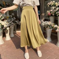 Kamakura - High Waist Satin Midi A-Line Skirt