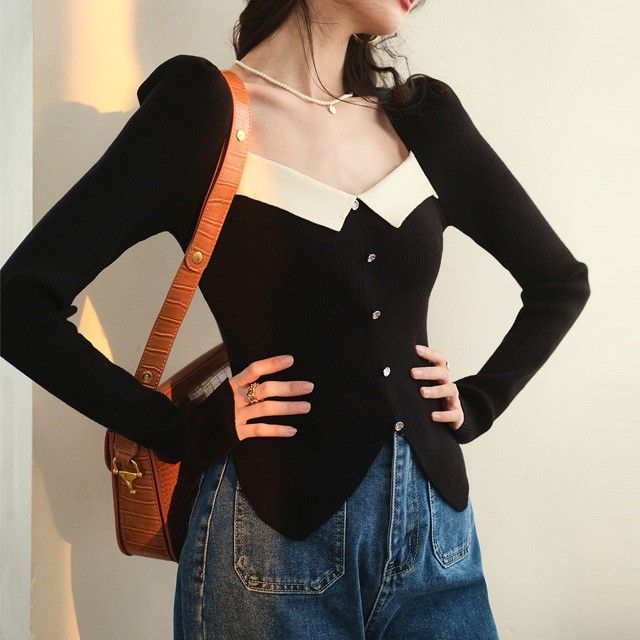 Cloud Nine-Long-Sleeve Two Tone Asymmetrical Button Slim Fit Top