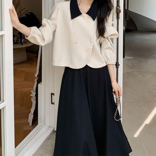 Omibayo-Contrast Collar Double Breasted Jacket High Waist Plain Midi A-Line Skirt Set