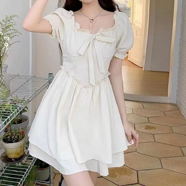 Cloud Nine - Short-Sleeve Square Neck Plain A-Line Dress | YesStyle