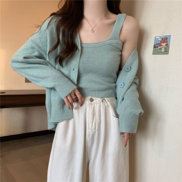 Ukiyo - Set: Square Neck Plain Crop Knit Tank Top + V-Neck