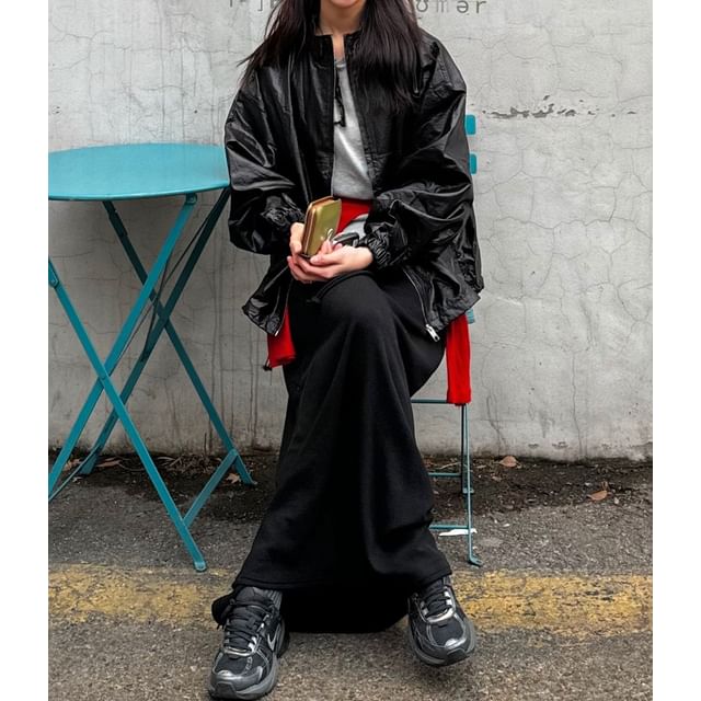 SeoulPop-Long-Sleeve Plain Zip Jacket