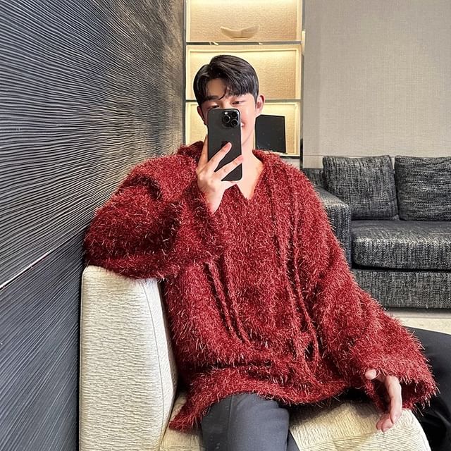Orungeetun-Hooded V-Neck Plain Fluffy Sweater