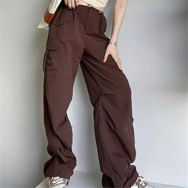 Asiris-Drawstring Waist Plain Baggy Cargo Pants