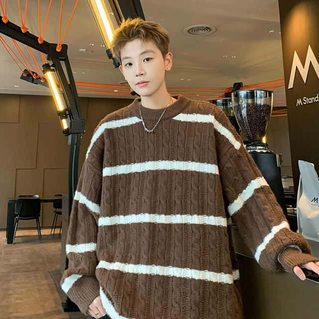 Bay Go Mall-Crew Neck Striped Cable Knit Sweater