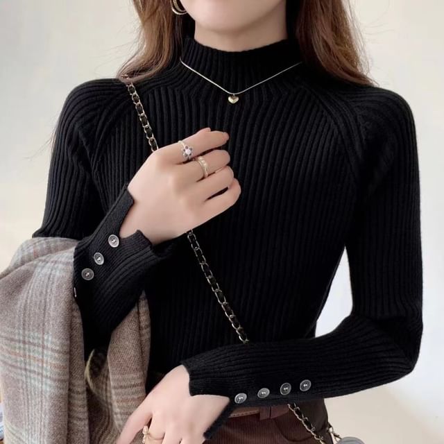 Odestra-Long-Sleeve Mock Neck Plain Knit Top
