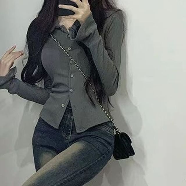 Everose-Long-Sleeve Collared Plain Button-Up Slim Fit Blouse