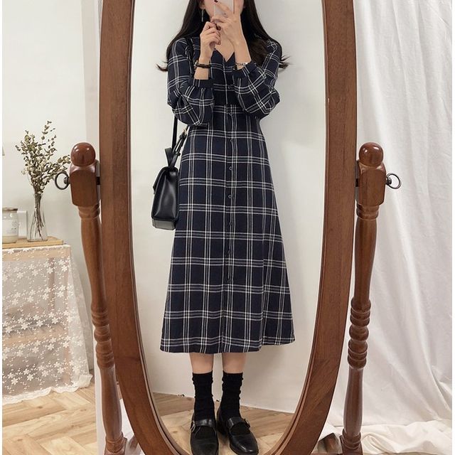 plaid midi shirt dress