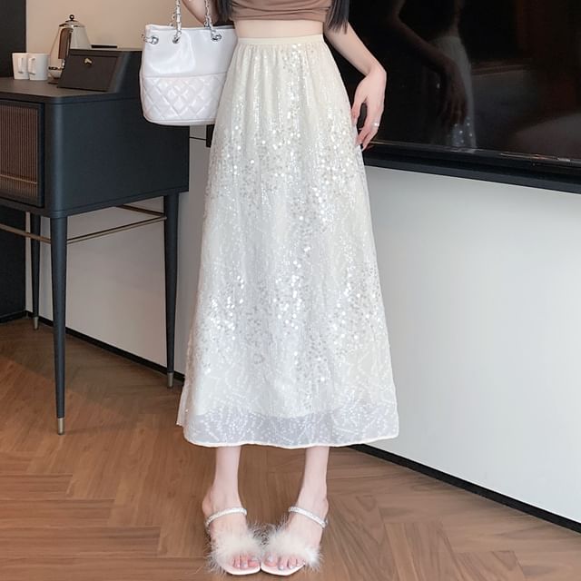 Juuri-High Rise Plain Sequin Midi A-Line Skirt