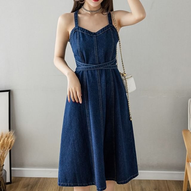 ISSOL-Spaghetti Strap Denim Midi A-Line Dress