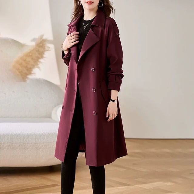 INEN-Plain Tie Waist Midi Double-Breasted Trench Coat