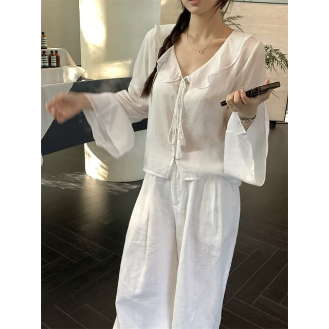 Beem-Long-Sleeve Collared V-Neck Plain Chiffon Blouse
