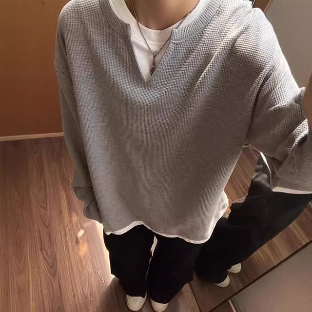 WidoWilder-Mock Two-Piece Round Neck Two Tone T-Shirt