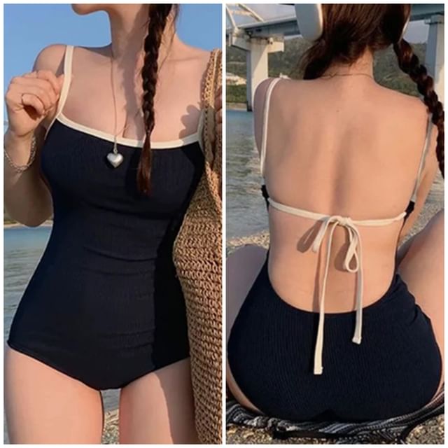 CUCURBIT-Spaghetti Strap Contrast Trim Open Back Swimsuit