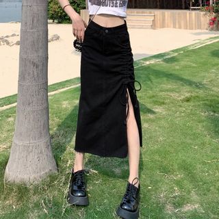 Isiimobna High Waist Slit Denim Midi A Line Skirt