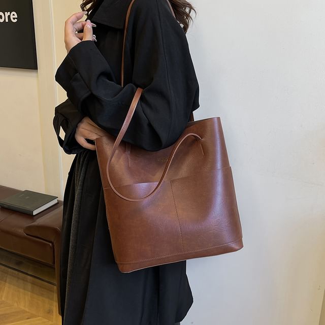 Mulgam-Set Faux Leather Tote Bag Flap Pouch