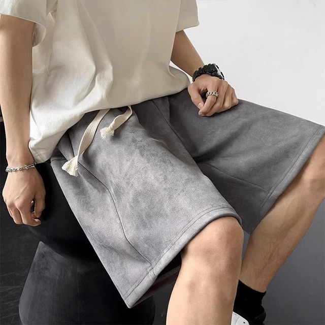 fluffush-Drawstring Waist Plain Faux Suede Shorts