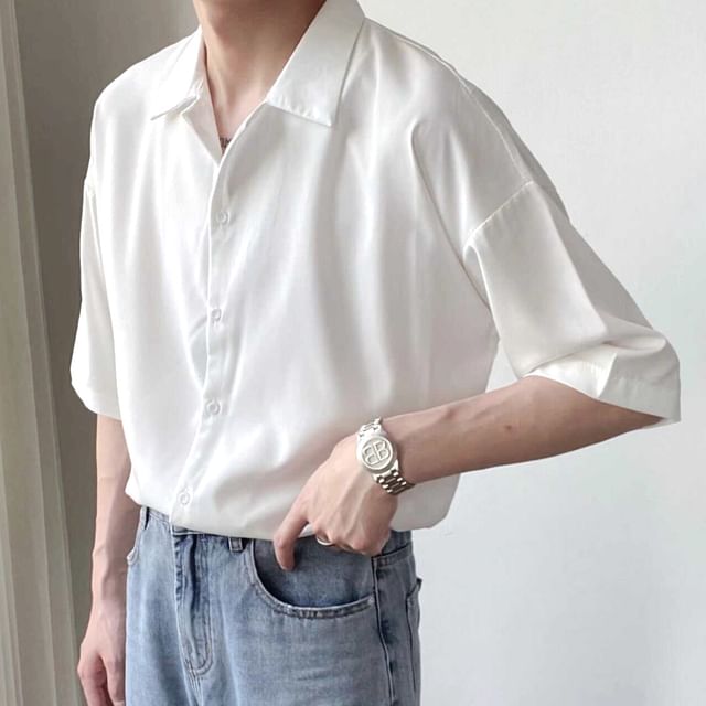 Real Boy-Elbow-Sleeve Plain Button-Up Shirt