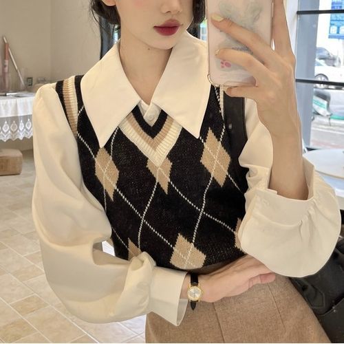 Black White Checkerboard Plaid Print Vest Sweater Autumn Winter V