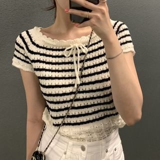 ISSOL-Short-Sleeve Crew Neck Pointelle Knit Top