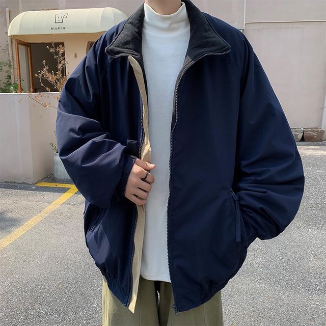 Whyessa-Stand Collar Padded Oversized Zip Jacket