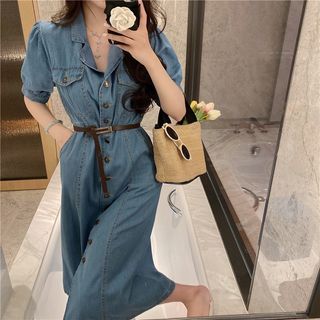 Flowerisque - Short-Sleeve Denim Midi Shirt Dress | YesStyle