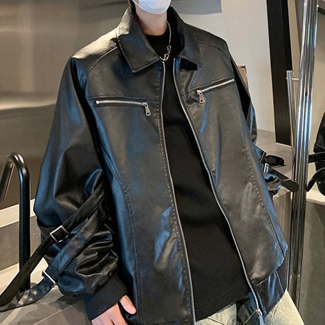 Kimeya-Collared Faux Leather Zip Biker Jacket