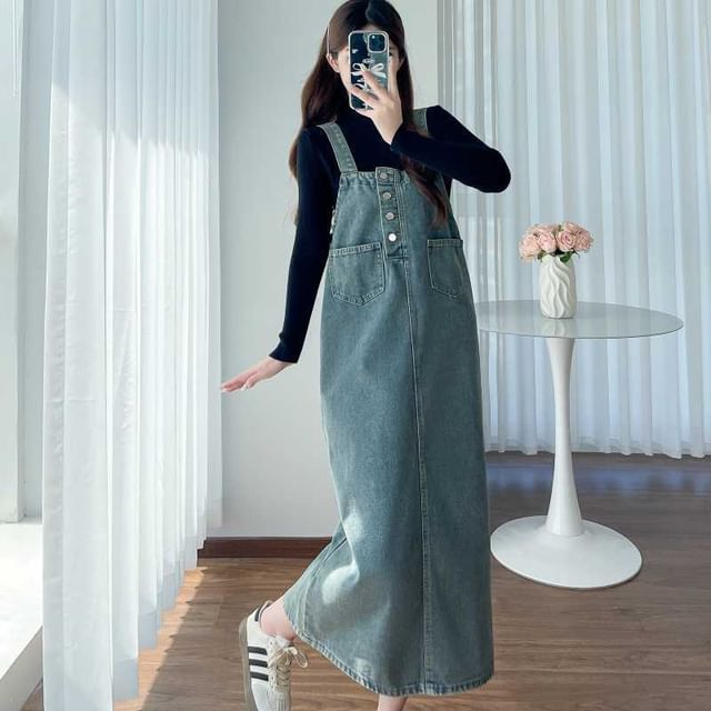 white christmas dresses Women Slit Denim Pinafore Dress With Large Pockets main image 0