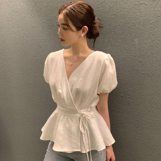 HYAKU-Short Sleeve V-Neck Plain Peplum Wrap Blouse