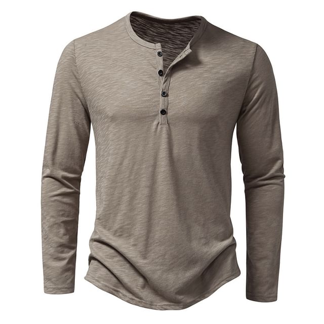YIKES-Long-Sleeve Henley Plain T-Shirt