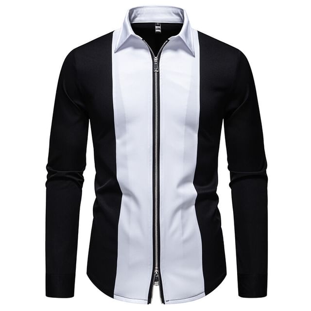 YIKES-Long-Sleeve Two Tone Zip-Up Shirt