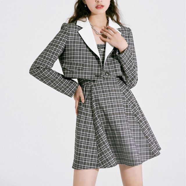 TOHADA-Plaid Suspender Skirt Cropped Blazer