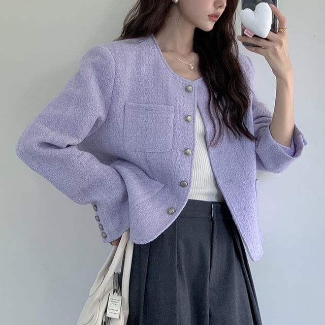 Coris-Round Neck Plain Tweed Cropped Button Blazer