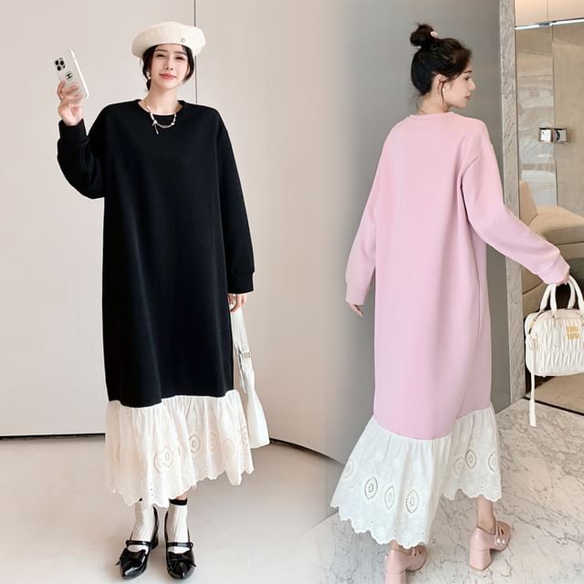 Chiraca Mock Two-Piece Long-Sleeve Eyelet Lace Panel Midi