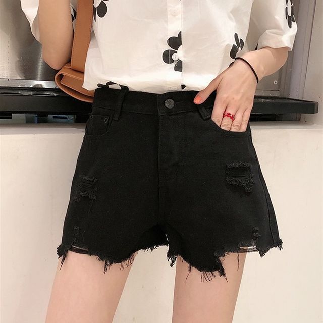 Everose-Distressed High-Waist Denim Shorts