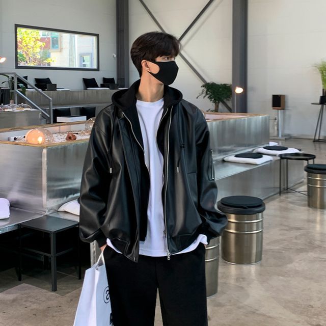 MRCYC - Mock Two-Piece Hooded Faux Leather Zip-Up Jacket | YesStyle