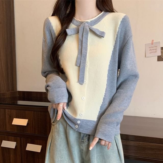 Allinya-Long-Sleeve Two Tone Button-Up Knit Top