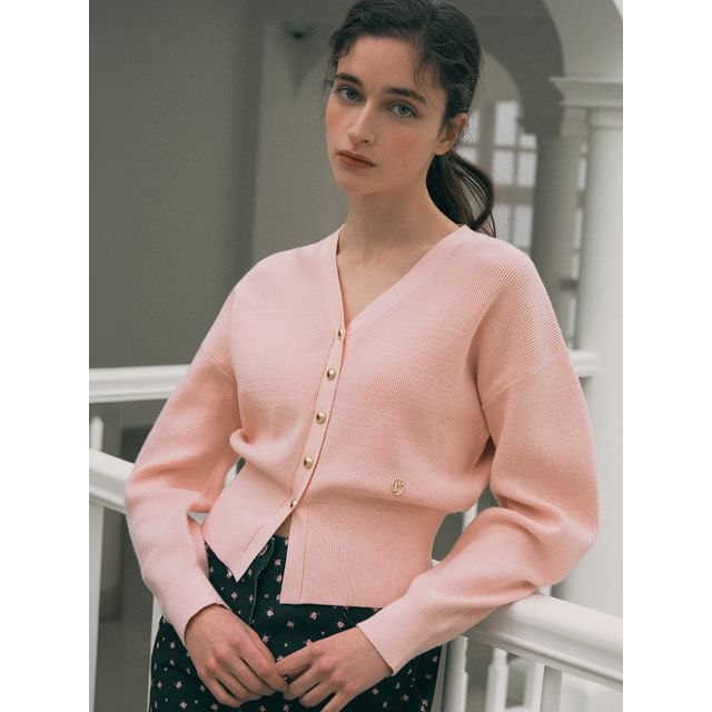rolarola - V-Neck Mutton-Sleeve Cardigan (Baby Pink) | YesStyle