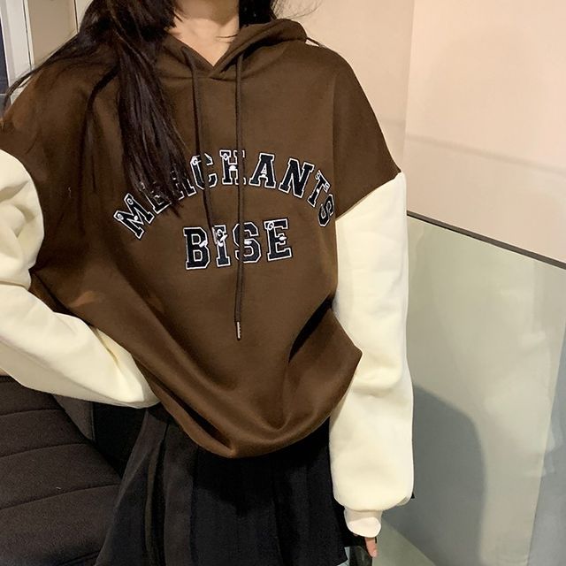 CaraMelody - Long-Sleeve Lettering Embroidered Color Block Hoodie